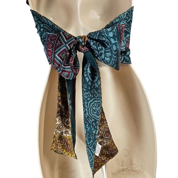 Retro Reversible Halter Crop Top Womens OS Silk Blnd Tie Back Blue Gold - Picture 4 of 11